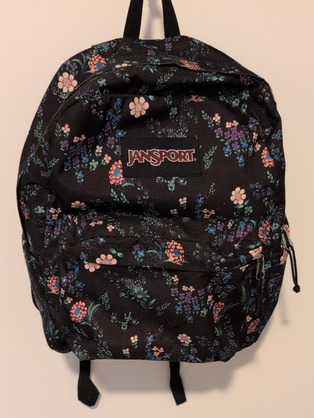 Jansport Black Floral Backpack with Pink, Purple & Green Accents